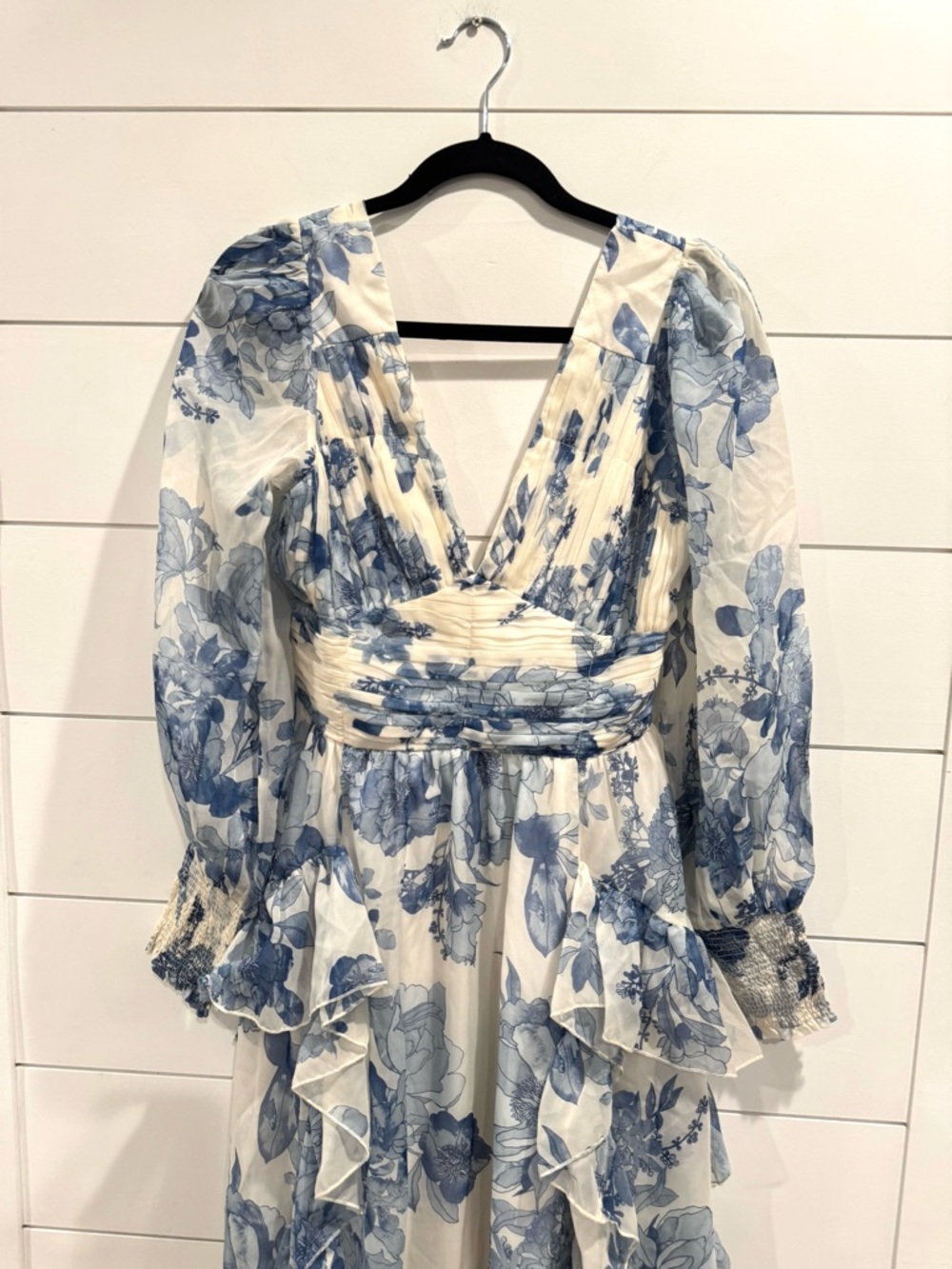 Bhldn white blue floral long sleeve chiffon maxi dress - Picture 6 of 9